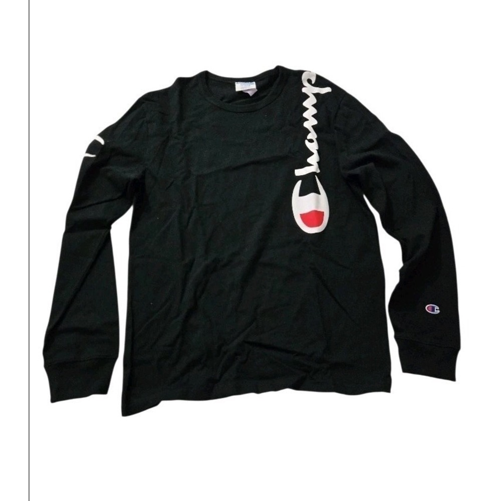 Champion Men's Long Sleeve Shirt Black Logo Crew Neck Size Medium